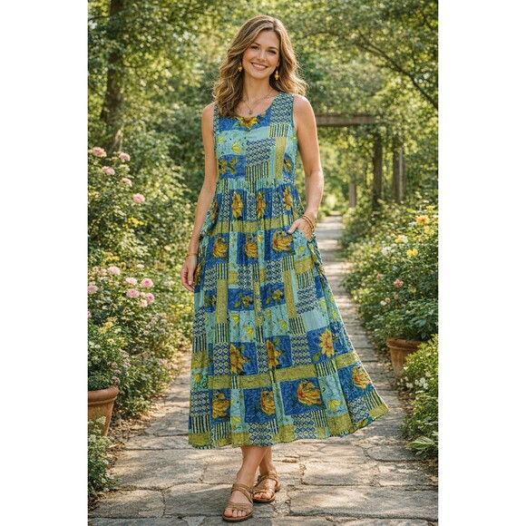 Bila Dresses & Skirts - Bila Maxi Dress Women M Boho Patchwork Floral Tropical Flowy Crinkle Festival 90